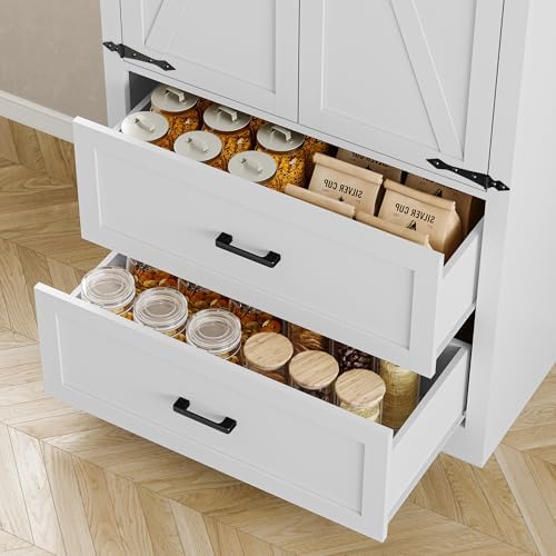 BORNOON Pantry Organizers and Storage Cabinet, 71” Barn Door White Kitchen Ca...