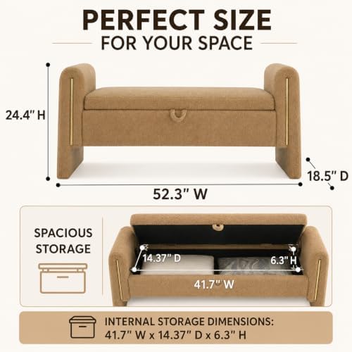 52" Upholstered Storage Bench, Brown, Armrests, Wood Frame | Mid-century...
