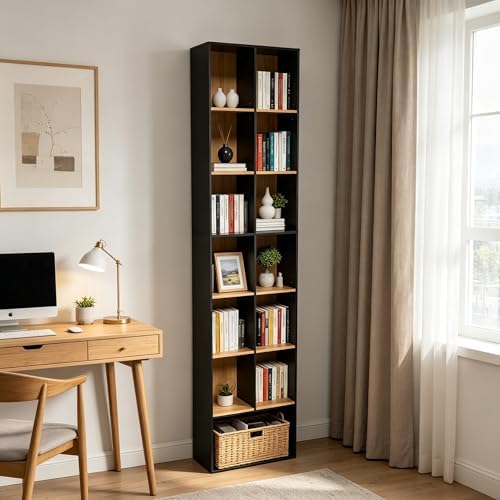 71" Tall Shallow Bookcase DVD Storage Shelf, 14 Cubes 7 Tier Narrow Wide...