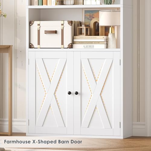 FACBOTALL 82" Tall Bookcase, Farmhouse Bookshelf with Doors, White