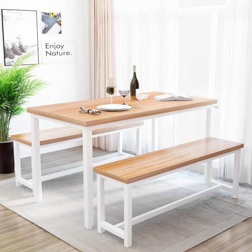 Recaceik 43.4" Dining Table Set for 4, Kitchen Table with 2 Benches, Walnut