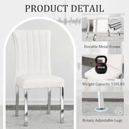 Asday White and Silver Leather Upholstered Dining Chairs Set of 4