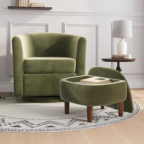 360° Swivel Accent Chair with Storage Ottoman | Small Modern Velvet Barrel Ch...