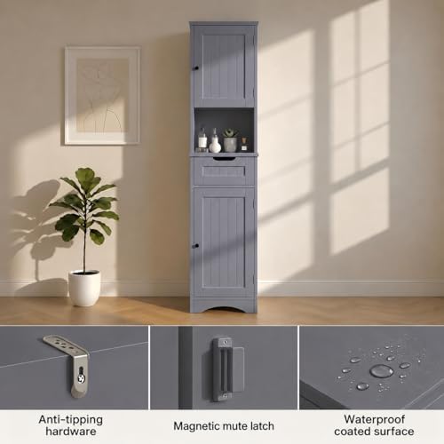 Gizoon 67” H Tall Bathroom Storage Cabinet, Narrow Storage Cabinet, Grey