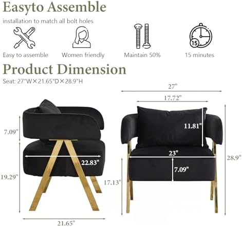 Modern Black Gold Velvet Accent Chairs Set 2, Barrel Armchairs Living Room