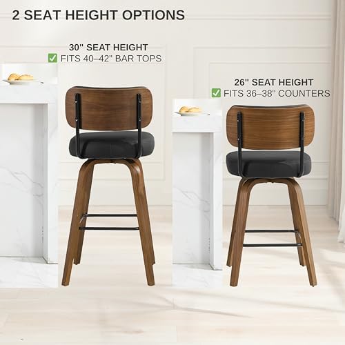 Swivel Bar Stools Set of 3, 26" Counter Height, Black | Walnut Wood Legs...
