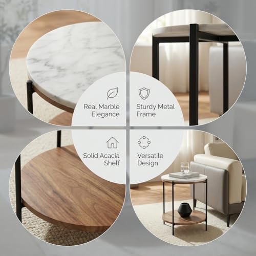 Lyra Round Marble End Table – Solid Acacia Wood Shelf, Open Storage Side Tabl...