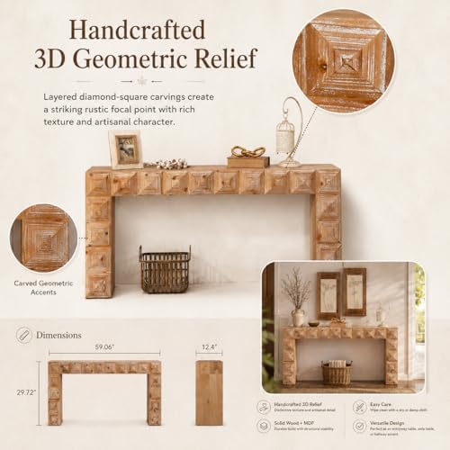 59.06" Rustic Console Table, Accent Entryway Table with 3D Carved Detail...