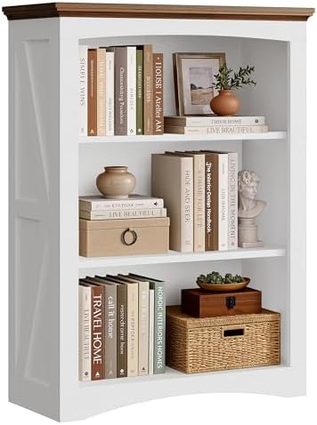 IRONCK 43" Tall 3-Tier Bookshelf, Farmhouse Bookcase White