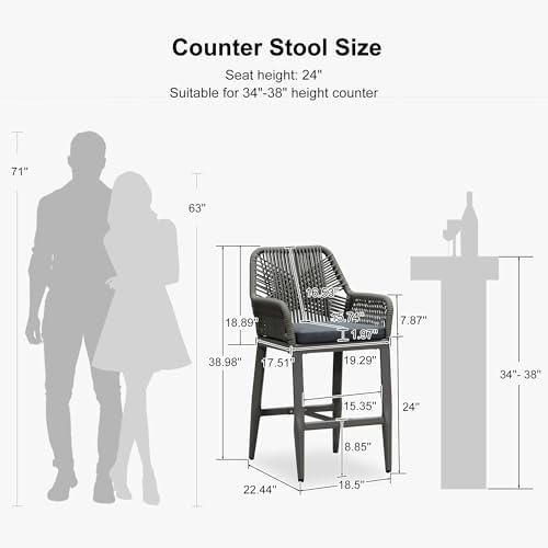 PURPLE LEAF 24" Bar Stools Set of 2 Comfortable Seat Cushion, Smoke Grey
