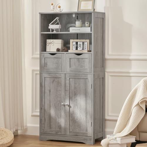 Iwell Storage Cabinet with 2 Drawers & Adjustable Shelf, Tall Bathroom Ca...