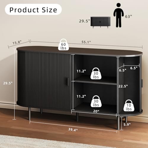 ComfyCorner 55" Fluted Buffet Sideboard Cabinet with Sliding Door, Black