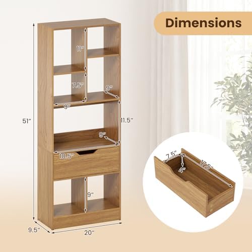 Tangkula 51” Tall Open Bookcase with Drawer, 7-Cube Display Storage Cabinet O...