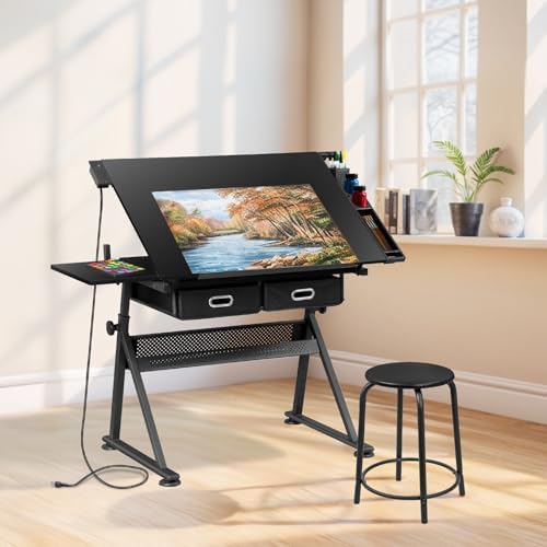 JupiterForce Drafting Table Art Desk w/Power Outlet and Stool, Adjustable Til...