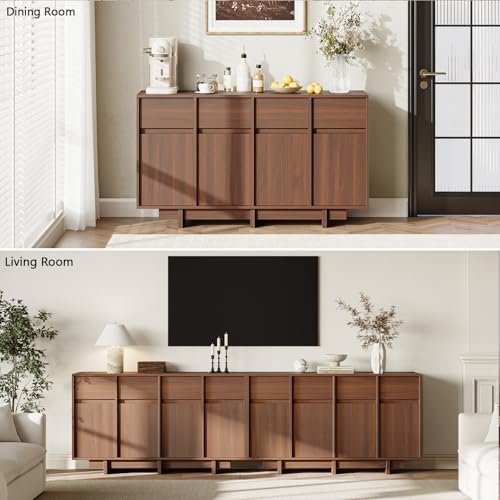 55in Walnut Buffet Cabinet, Mid Century Wood Sideboard Storage
