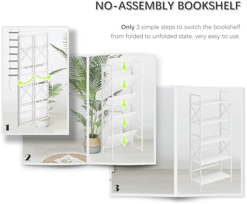4NM 5 Tiers No Assembly Book Shelves, 51.2" H Folding Bookshelf Bookcase...