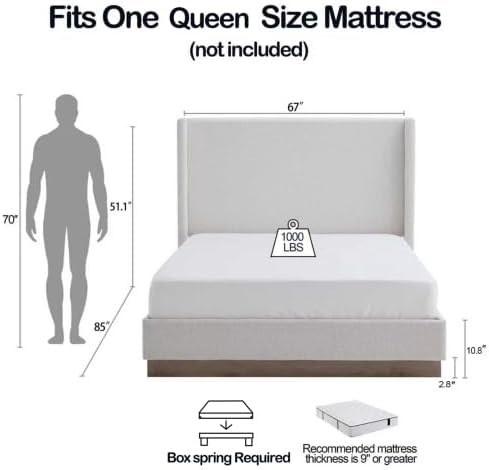 Queen Size Upholstered Bed Frame, 51.1" Tall Headboard Hosford Wingback ...