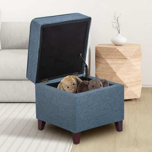 Adeco 17" Square Ottoman with Storage, Small Blue Storage Ottoman Foot R...