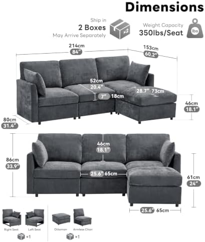 Iroomy Sectional Couch for Living Room, Comfy L Shaped Convertible Sofa, 4 Se...