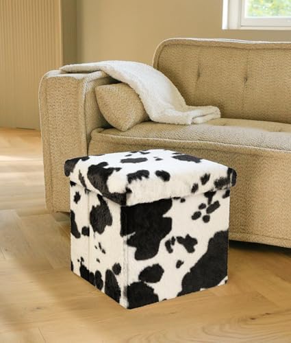 Luxe Faux Fur Storage Ottoman, Cowhide Black/White, 15 x 15 x 15 in