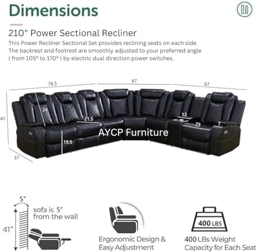 Power Recliner Sofa Sectional Sofa with LED Light for Living Room, Air Leathe...