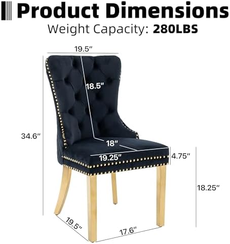 Dining Chairs Set of 6, Golden Metal Legs, Sophisticated Lion Ring, Black