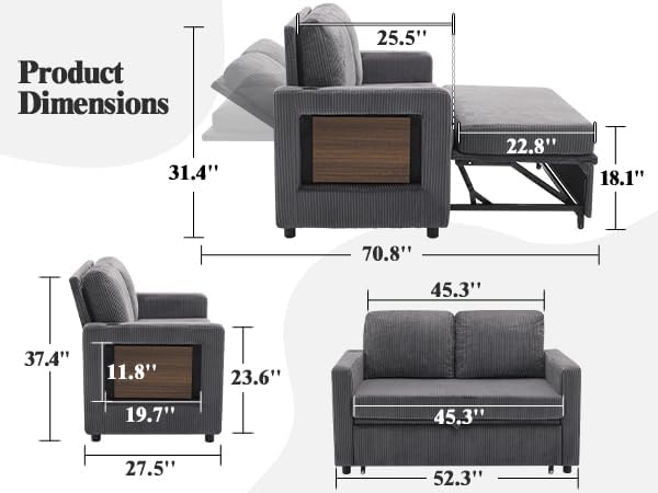 3 in 1 Convertible Sofa Bed, Pull Out Couch with Dual USB and Type C Ports, C...