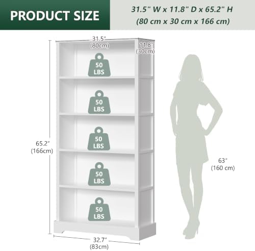 TVU 5 Tiers Wooden Bookshelf, 65.2" Tall Farmhouse Style Open Bookcase, ...