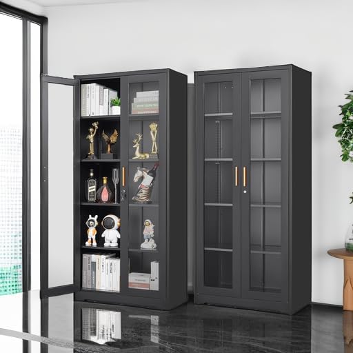 Polup 71" Black Metal Glass Display Cabinet with Security Lock