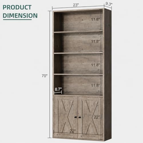Modern Bookshelf with Doors, Industrial Bookshelves with 6-Tier Shelf, 71 inc...