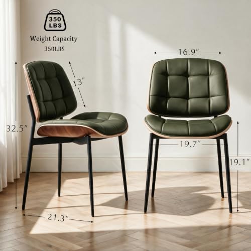 GrandNoor Mid Century Modern Dining Chairs with Walnut Grain Back, Green Faux...