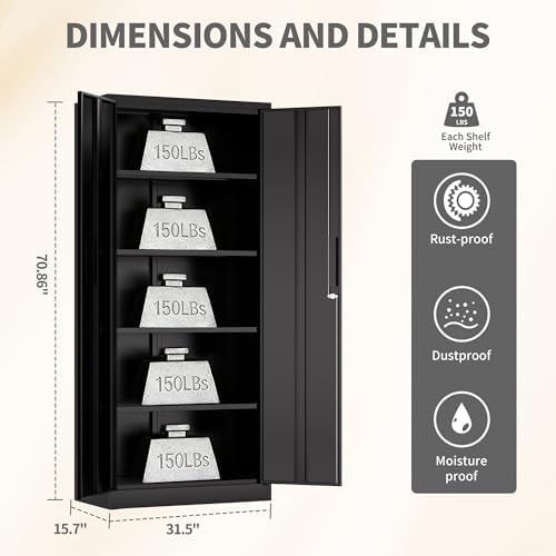 Metal Storage Cabinet with Lock, 71"H Garage Storage Cabinet, Black | St...