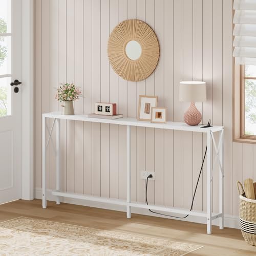 Gewudraw Narrow Console Table with Socket, Sofa Table Behind Couch, White | 5...