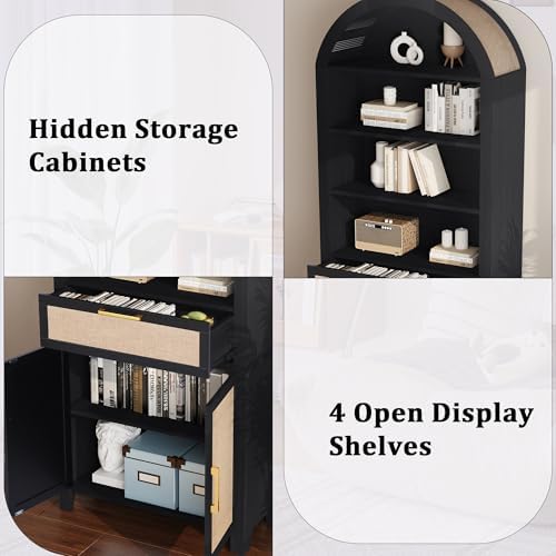Janmer Home 79" Tall Arched Bookcase Cabinet with Doors, Black,Rattan