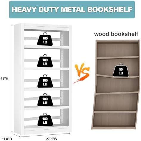 Bookshelf,6-Tier Adjustable Steel Book Shelf,61" H Heavy Duty Metal Book...