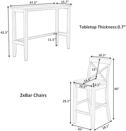 LUMISOL 3 Piece Pub Table and Chair Set, Wood Counter Height Dining Set for 2...