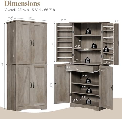 Vongrasig Kitchen Pantry Storage Cabinet with Barn Doors, Drawer and Adjustab...