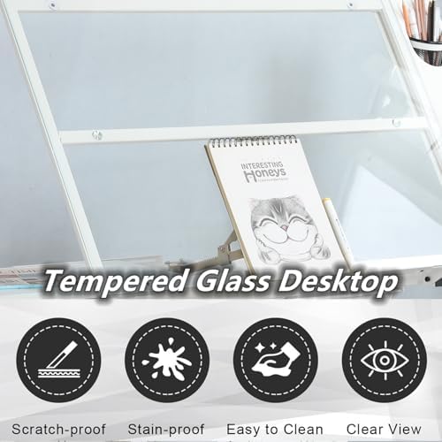 Drafting Desk w/Stool & Storage, Glass Art Table for Artists,White