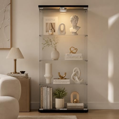 Glass Display Cabinet 4-Shelf 2 Doors with LED Push Light Lockable Glass Disp...
