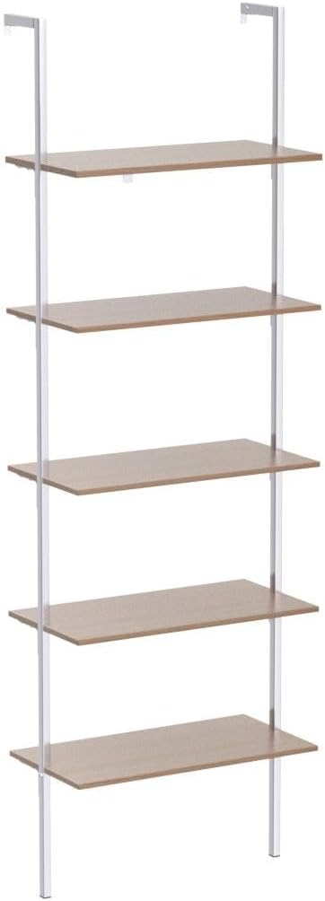 Karl home Oak 5 Tier Wall Mount Ladder Shelf, Metal Frame Open Bookcase