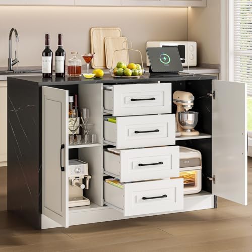 ONBRILL Kitchen Island with 2 Storage Cabinets & 4 Drawers, White+Black