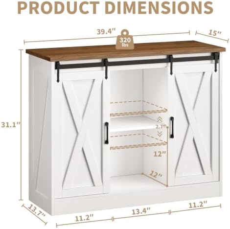 Farmhouse Coffee Bar Cabinet, 42" Buffet Cabinet with 2 Sliding Barn Doo...