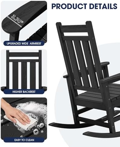 KINGYES Oversized Outdoor Rocking Chair Set of 2, HDPE Patio Rockers, Black |...