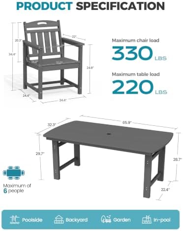 Ciokea HDPE Outdoor Dining Set of 6, Patio Table and Chairs Sets, Grey
