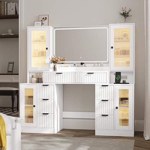 Fluted Makeup Vanity Desk with Mirror and Lights, 55" Glass Top Vanity w...