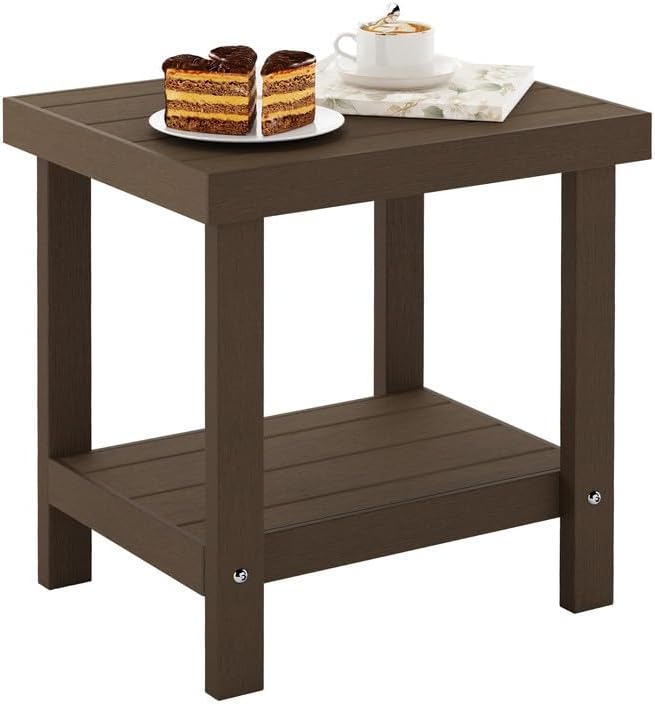 HDPS Small Outdoor Side Table, 2 Tier Patio Table with Storage Shelf, Brown