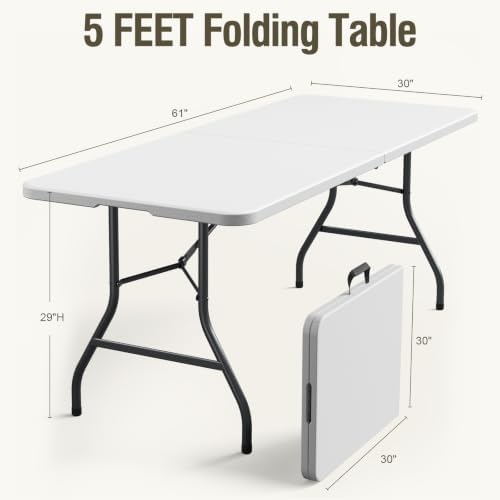 Folding Table and Chairs Set for 5, 5FT Foldable Plastic Table with Carry Han...