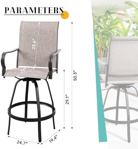 Vongrasig 2 Piece Patio Swivel Bar Chairs, All Weather Metal Textile High Swi...