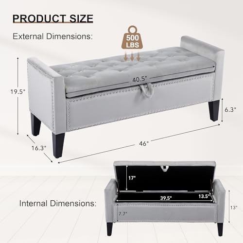 Velvet Storage Ottoman Bench, 46'' Upholstered Button Tufted End of B...