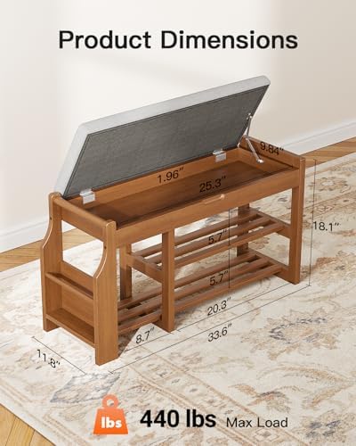 Pipishell 34" Pine Wood Shoe Bench Entryway with Soft Cushion and Storag...